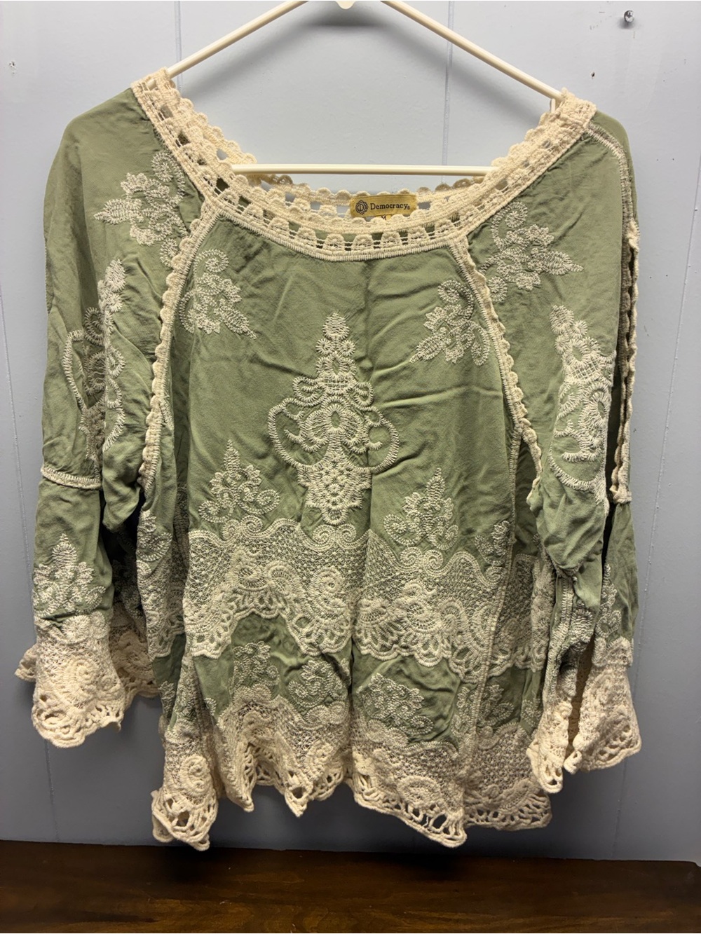 Democracy Sage Green Tunic with Cream Lace Embroidery & Cold Shoulder Sleeves